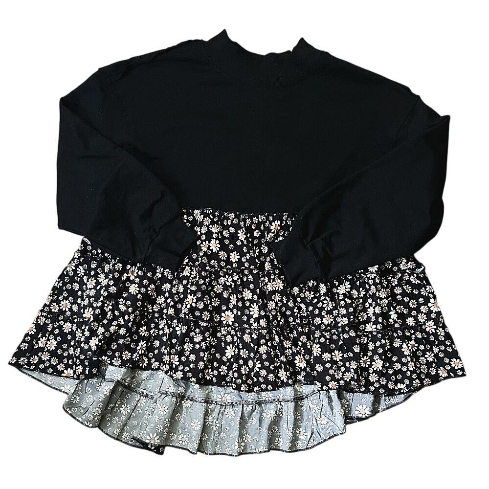 NWT Three Bird Nest Black Contrasted Crewneck Top w/ Tiered Floral Skirt Dress S